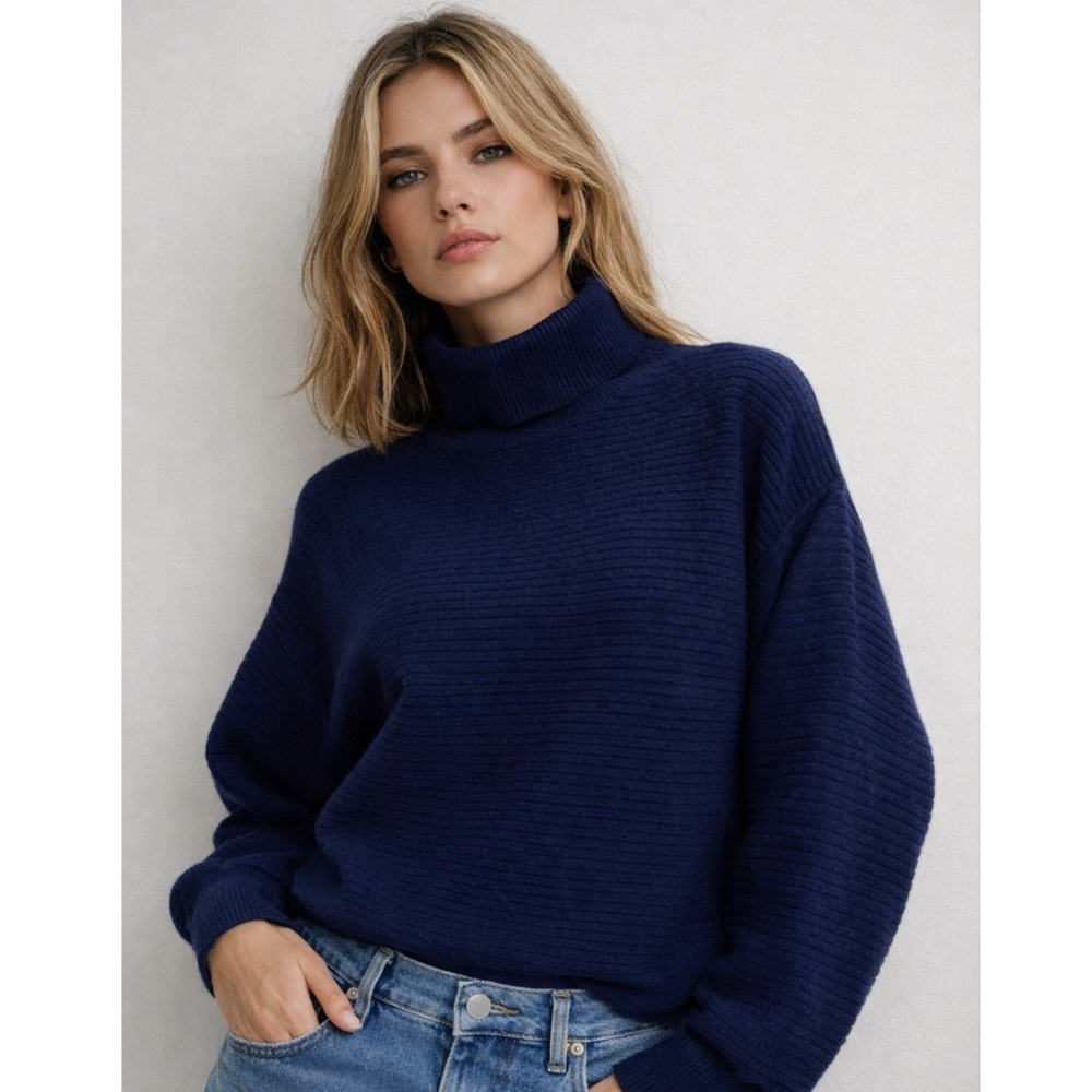 Good American Navy Ribbed Turtleneck Sweater
